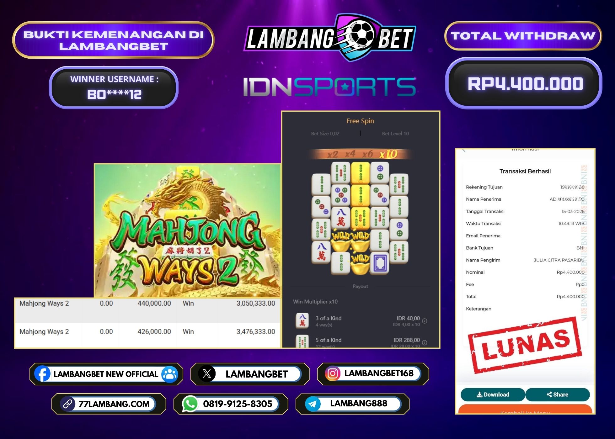 LAMBANGBET [15 MARET 2025] JACKPOT SLOT Mahjong Ways 2 "Rp4.400.000" LUNAS